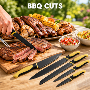 Cuchillo de Cocina <span class=keywords><strong>para</strong></span> Barbacoa y Cuchillo de Chef con Mango de Plástico de Dos Tonos, Juego de 6 Cuchillos de Cocina con Hoja Recubierta en Negro - Product Image 2