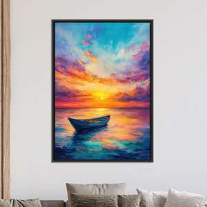 Impresión en lienzo de barco al atardecer: vibrante paisaje marino, escena tranquila del océano, lienzo con marco negro - Product Image 1