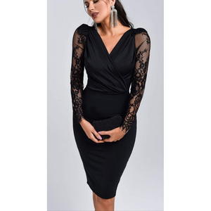 Robe courte en crêpe à manches longues et col drapé pour femme avec manches en tulle, 29948 - Noir - Product Image 2