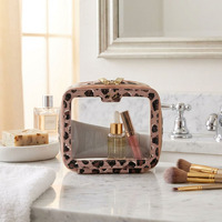 Pochette cosmétique transparente en PVC avec logo personnalisé et bordure léopard, étui de rangement élégant et étanche avec fermeture éclair pour maquillage et articles de toilette de voyage