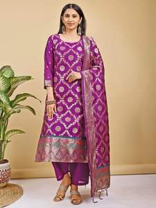 Ensemble Kurta Pant Dupatta en soie Banarasi de qualité supérieure avec un dupatta tissé Banarasi lourd pour les femmes, pour les tenues de soirée et les événements spéciaux - Product Image 3