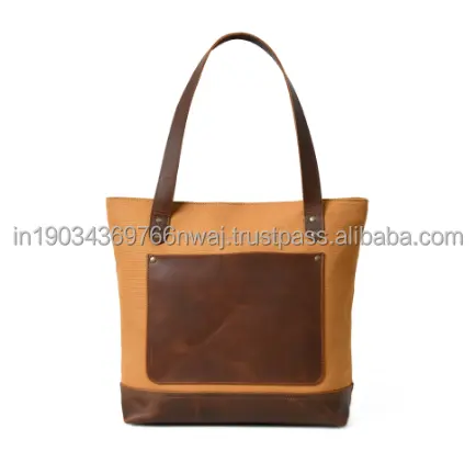 Neuestes Design Cognac-Lager tote-Tasche mit Ledertasche draußen und bequemem Schulterband