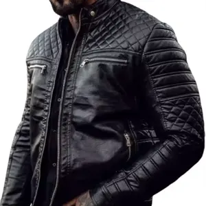 Wholesale Men's Quilted Leather Jacket Custom Design OEM ODM Motorcycle Biker Genuine High Quality Lambskin Jacket Manufacturer