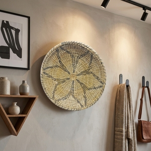 Panier mural suspendu Mendong naturel, plateau rond peu profond, assiette géométrique tribale, bol à fruits, décoration artistique pure pour la maison, artisanat - Product Image 4