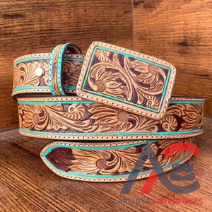 Nuevo cinturón occidental de cuero mecanizado a mano personalizado con hebilla de cuero, cinturón de cuero genuino de grano completo con ribete turquesa para mujer - Product Image 1