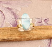 Bague de méditation et d'apaisement en argent sterling avec larimar rond et abeille, style bohème, pour femme, mariage et fiançailles