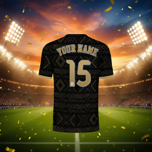 Maillot de football de Porto Rico avec motif tribal Tano noir et or, nom et numéro personnalisés - Product Image 3