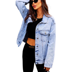 Women Denim Jacket Woven Breathable Simple Solid Button Medium <b>Wash</b> ODM unisex denim jackets - Product Image 3