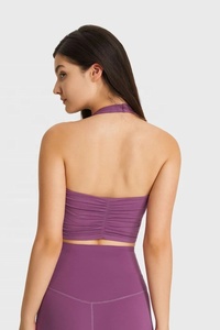 Ever Glow Women's Purple Seamless Halter <b>Sports</b> Bra High Support Yoga Crop <b>Top</b> V-neck Solid Color Nylon Cotton Front - Product Image 3