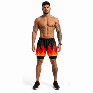 Shorts pour hommes à séchage rapide avec imprimé flamme, taille à cordon de serrage, style sport décontracté, 100% polyester, longueur courte - Product Image 4