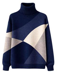 Pull en maille à col roulé pour femme, personnalisé, haut de gamme, à blocs de couleur, doux, chaud, pull d'hiver, décontracté, tendance, bleu marine - Product Image 1