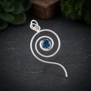 Handmade 925 Sterling Silver Pendant For Unisex For <b>London</b> Blue Topaz Round Cut Brass Statement With Bezel Sett Designer Jewelry - Product Image 3