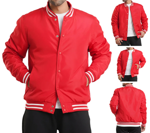 Men's <b>Red</b> Varsity <b>Jacket</b> Solid Color PU Material Stand Collar <b>Waterproof</b> Button Closure Regular Fit Winter Wear Front Logo - Product Image 1