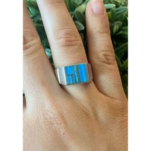 Navajo Handmade Sterling Silver <b>Ring</b> with Natural <b>Blue</b> <b>Opal</b> Inlay Size 9.5 Boho Geometric Statement Jewelry - Product Image 2