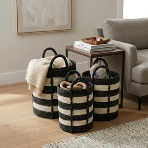 Hand Woven Recycled <b>Plastic</b> Rope Storage <b>Basket</b> Set Black White Stripe Arch Handle Pot Planter Organizer Setup Decor Pure Art - Product Image 5