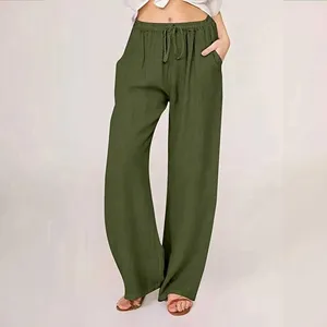 Pantalones de lino verde oscuro sólido personalizados para mujer, pantalones sueltos de pierna ancha de verano con cintura con cordón informal fluido para mujer con bolsillo - Product Image 2