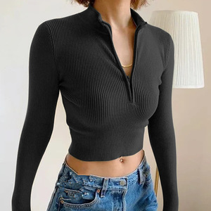 <span class=keywords><strong>Bon</strong></span> <span class=keywords><strong>prix</strong></span> haut court femmes t-<span class=keywords><strong>shirt</strong></span> côtelé à manches longues fermeture éclair t-<span class=keywords><strong>shirt</strong></span> court sexy boîte de nuit tenue femmes haut court t-<span class=keywords><strong>shirt</strong></span> - Product Image 3