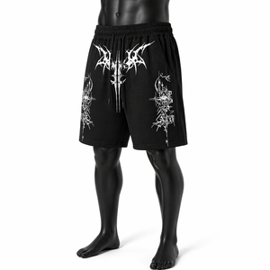 Shorts décontractés pour hommes personnalisés, noirs, style streetwear, en coton molletonné, avec imprimé graphique gothique, taille élastique, OEM ODM - Product Image 3
