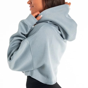 Sweat à capuche court en polyester/coton pour femme avec logo personnalisé, manches longues, haut court d'hiver, broderie, polaire épaisse, automne/printemps - Product Image 4