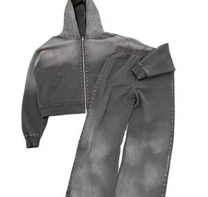 Conjunto de Dos Piezas Personalizado para Hombre, Estilo Vintage, Sudadera con Capucha y Pantalones Deportivos con Pedrería, Estampado, Lavado Ácido, Estilo Jogger - Product Image 1