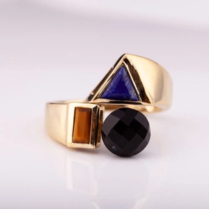 Bijoux en argent fantaisie Bague réglable en argent plaqué or 14 carats 925 avec lapis naturel oeil de tigre onyx de haute qualité de Thaïlande - Product Image 4