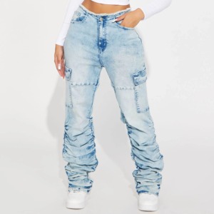 กางเกงเอวสูงสำหรับผู้หญิงกางเกงยีนส์ทรงหลวม6กระเป๋าแฟชั่นระบายอากาศได้ดีทันสมัย - Product Image 1