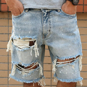 Shorts en denim délavé à découpes pour hommes, de haute qualité, logo personnalisé, vêtements décontractés pour l'extérieur, vente en gros - Product Image 3