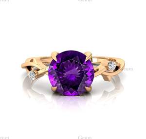 14k Solid <b>Gold</b> <b>Amethyst</b> & Diamond February Birthstone <b>Ring</b> Engagement <b>Ring</b> Inspired Diamond <b>Ring</b> with Round Gemstone - Product Image 1