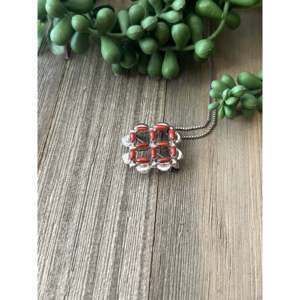 Handmade Zuni Sterling Silver <b>Red</b> Coral <b>Cross</b> Cluster Pendant Charm - Product Image 3