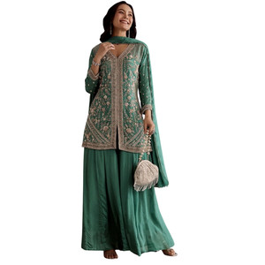 Vente en gros costume de palazzo kurta brodé chinon vert cutdana pour la fête de mariage réception festive et commandes ethniques personnalisées - Product Image 2