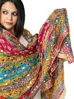 Châle long en soie imprimé numériquement à motif floral ethnique tendance, personnalisé, avec bordure dorée, dupatta de mariée fait main