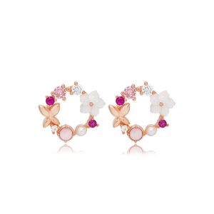 Boucles d'oreilles clous CZ multicolores roses motif fleur fraîche nacre faites à la main turques en gros bijoux en argent sterling 925 - Product Image 6