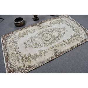 Tapis turc vintage 3.7 x 6.7ft fait à la main grande surface en laine Rectangle Patchwork Design pour couloir blanc Beige couleur latex soutenu - Product Image 2