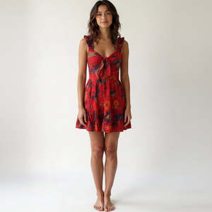 Vestido de cóctel mini con estampado abstracto, volantes de gasa, cuello corazón, estilo dulce y veraniego - Product Image 1