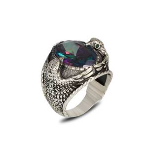 Unisex Silver <b>Ring</b> with Eagle Figured Mystic Topaz Stone Cora Gemstone Jewelry Customizable Shape/Pattern - Product Image 4