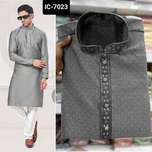 Dernières collections de vêtements pour hommes avec broderie lourde et travail séquentiel Readymade Premium Rayon Kurta avec pyjama en coton Raymond - Product Image 3