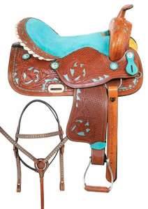 Vente en gros de selles en daim turquoise de qualité supérieure style occidental anglais sculptées à la main équipement d'équitation en cuir véritable - Product Image 2