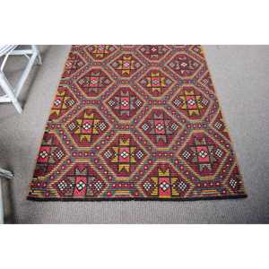 Alfombra Turca de 3.6x5.3 pies, Alfombra Sólida Roja y Azul de Lana - Product Image 5