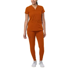 Women's Scrub Set Top With V-neck & Pant With Full Elastic Waist And Side Slits Hem Best Supplier