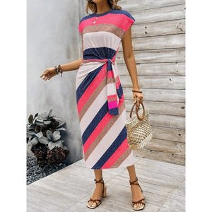 Women's Short Sleeve Crew Neck Belted Long Interlock <b>Dress</b>, 34922 - Pink - Product Image 1