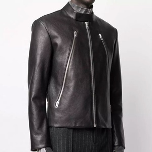 Men's Slim Fit Motorcycle Style <b>Biker</b> <b>Jacket</b> in Black Genuine Leather with Zipper Pockets Casual Outerwear Coat ODM Supply - Product Image 2