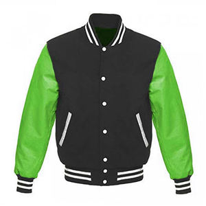 Veste bomber en cuir et laine, style baseball, veste universitaire d'hiver, devant noir, manches vertes, logo différent - Product Image 1