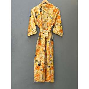 Robe Kimono en Coton Style Vintage Imprimée à la Main, Légère et Respirante avec Col Mandarin, Longueur Ras du Sol pour les Loisirs - Product Image 2