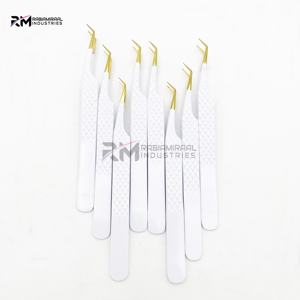 Pinzas para Extensión de Pestañas RMI con Punta de Oro de 24k y Recubrimiento de Polvo Blanco, Agarre de Diamante, Punta en Ángulo de 45 Grados - Product Image 6