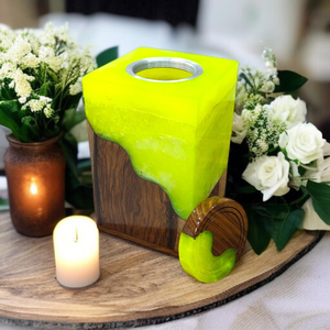 Urna de cremación de resina amarilla neón y madera hecha a mano, recuerdo conmemorativo moderno, urnas de cremación para mascotas y humanos - Product Image 3