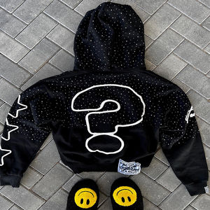 Sudaderas con capucha con estampado de diamantes de imitación y cremallera cuadrada desgastada de gran tamaño de algodón pesado de alta calidad con logotipo personalizado - Product Image 6