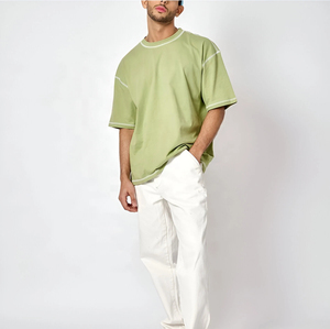 T-shirt Homme Oversize Uni à Manches Courtes Col Rond avec Bordure Contrastante en Coton Tricoté Vert – T-shirts Oversize pour Homme - Product Image 3