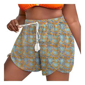 Breathable Rope Drawstring Waist Wrap Shorts Women's Summer Loungewear Cotton Block Print Rope Drawstring Waist Wrap Shorts - Product Image 4