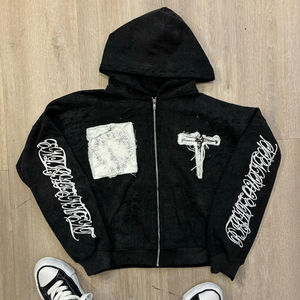 OEM diseño francés Terry Vintage peso pesado desgastado bordado sudaderas con capucha lavado ácido Zip up Sudadera con capucha para hombres - Product Image 1