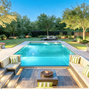 Piscine rustique avec bordure en pierre naturelle et éléments de terrasse en bois - Product Image 1